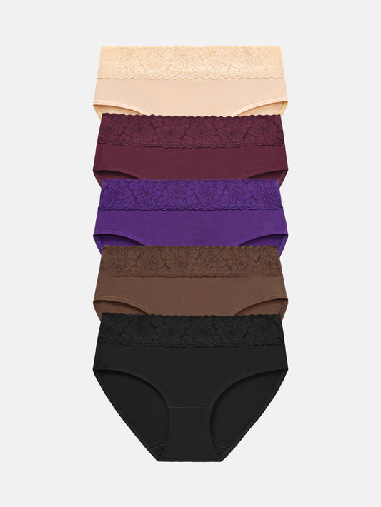 RHYFF Womens Underwear Cotton Lace Panties Full Briefs Dark Color-5 Pack 6004