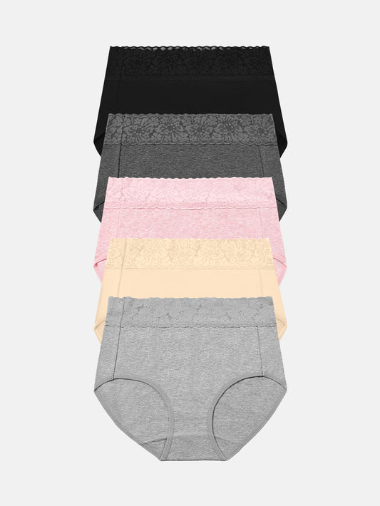 RHYFF Womens Underwear Cotton Lace PantiesFull Coverage Briefs S-3XL 5-Pack 6006