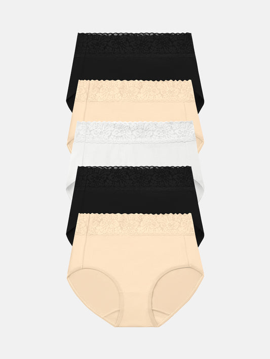 RHYFF Womens Underwear Cotton Lace PantiesFull Coverage Briefs S-3XL 5-Pack 6006