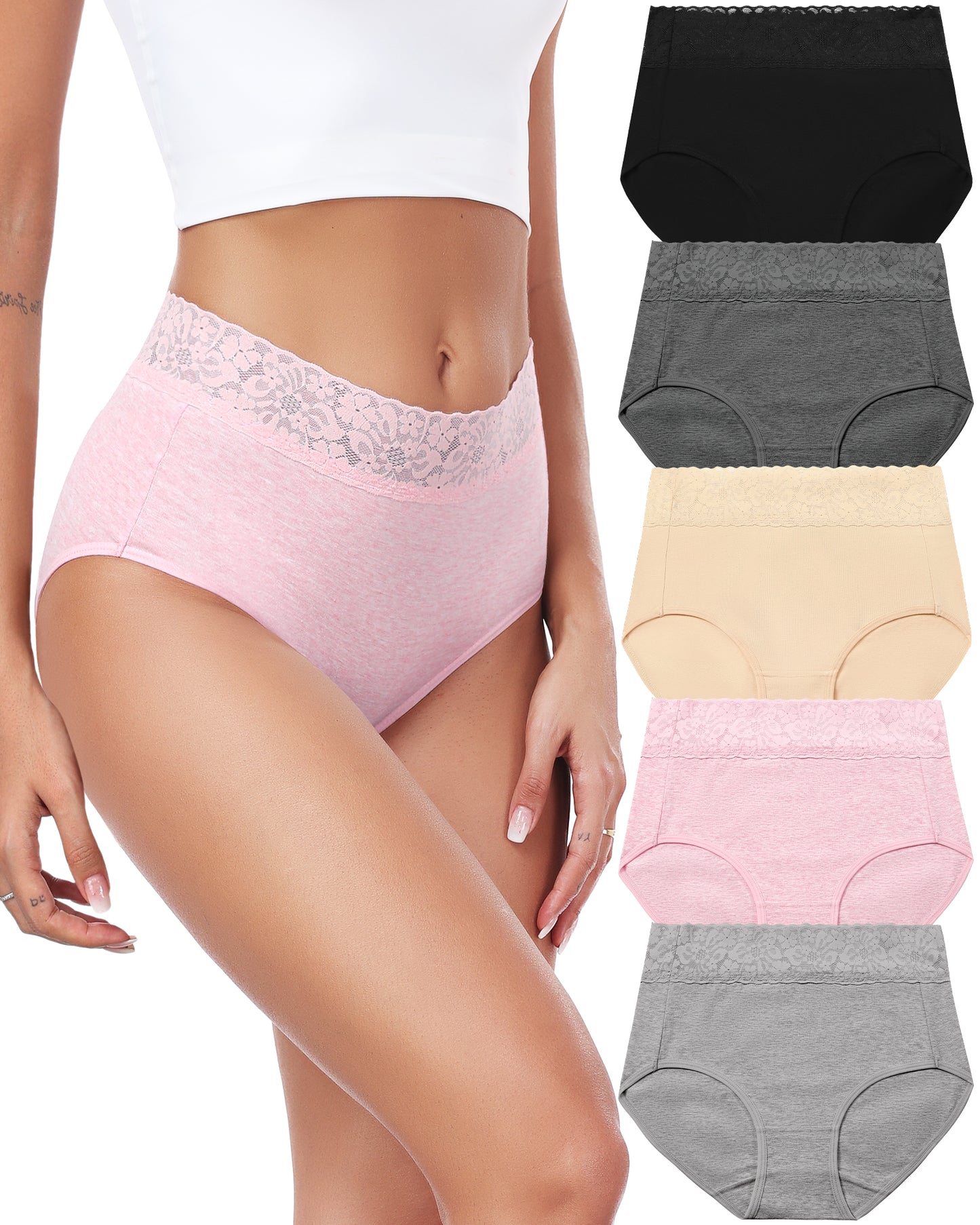 RHYFF Womens Underwear Cotton Lace Panties High Waist Panty Soft Breathable Ladies Hipster Full Coverage Briefs S-3XL