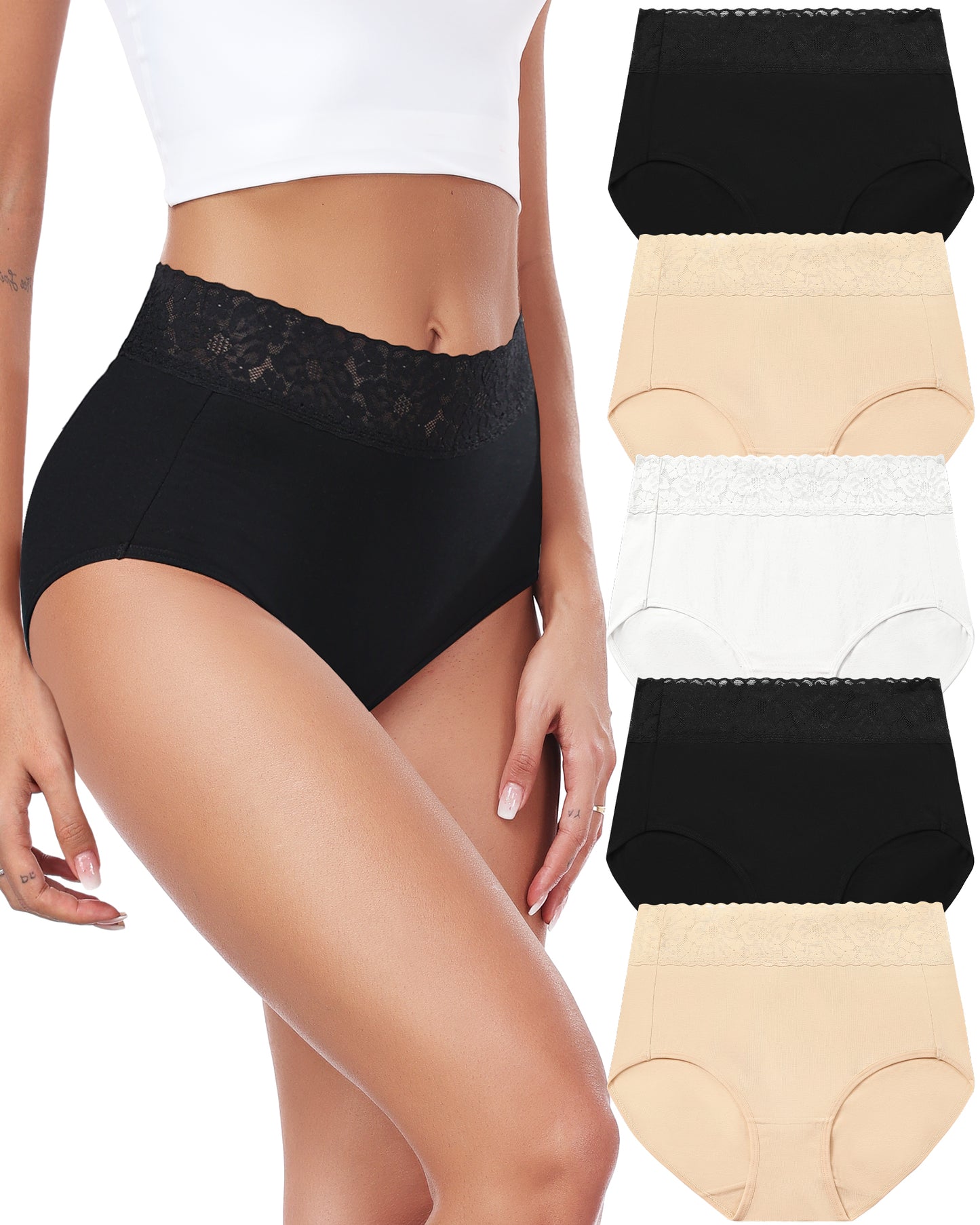 RHYFF Womens Underwear Cotton Lace Panties High Waist Panty Soft Breathable Ladies Hipster Full Coverage Briefs S-3XL