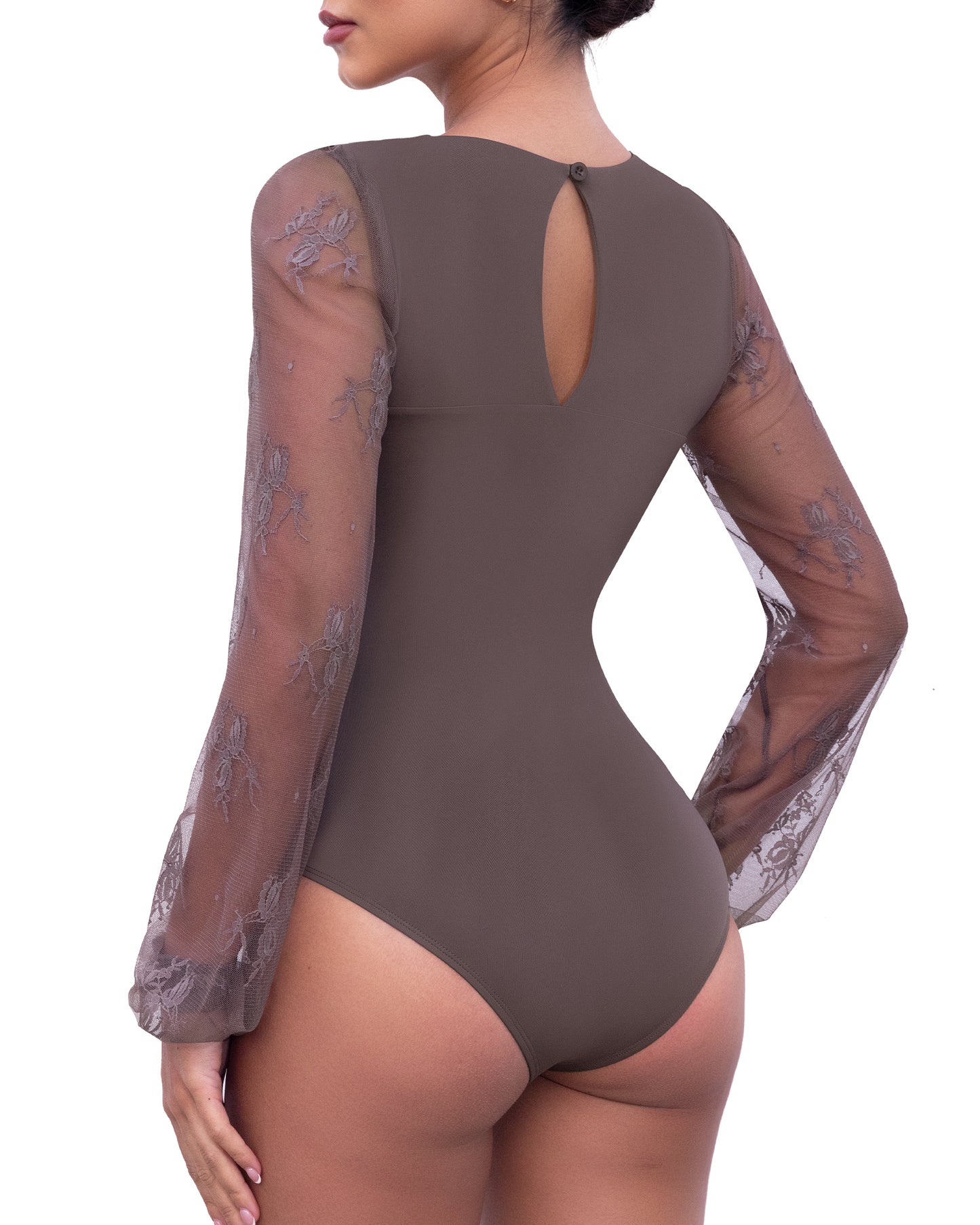 Long Sleeve Body Suits Womens Thong Double Lined Round Neck Lace Bodysuit For Women S-XL