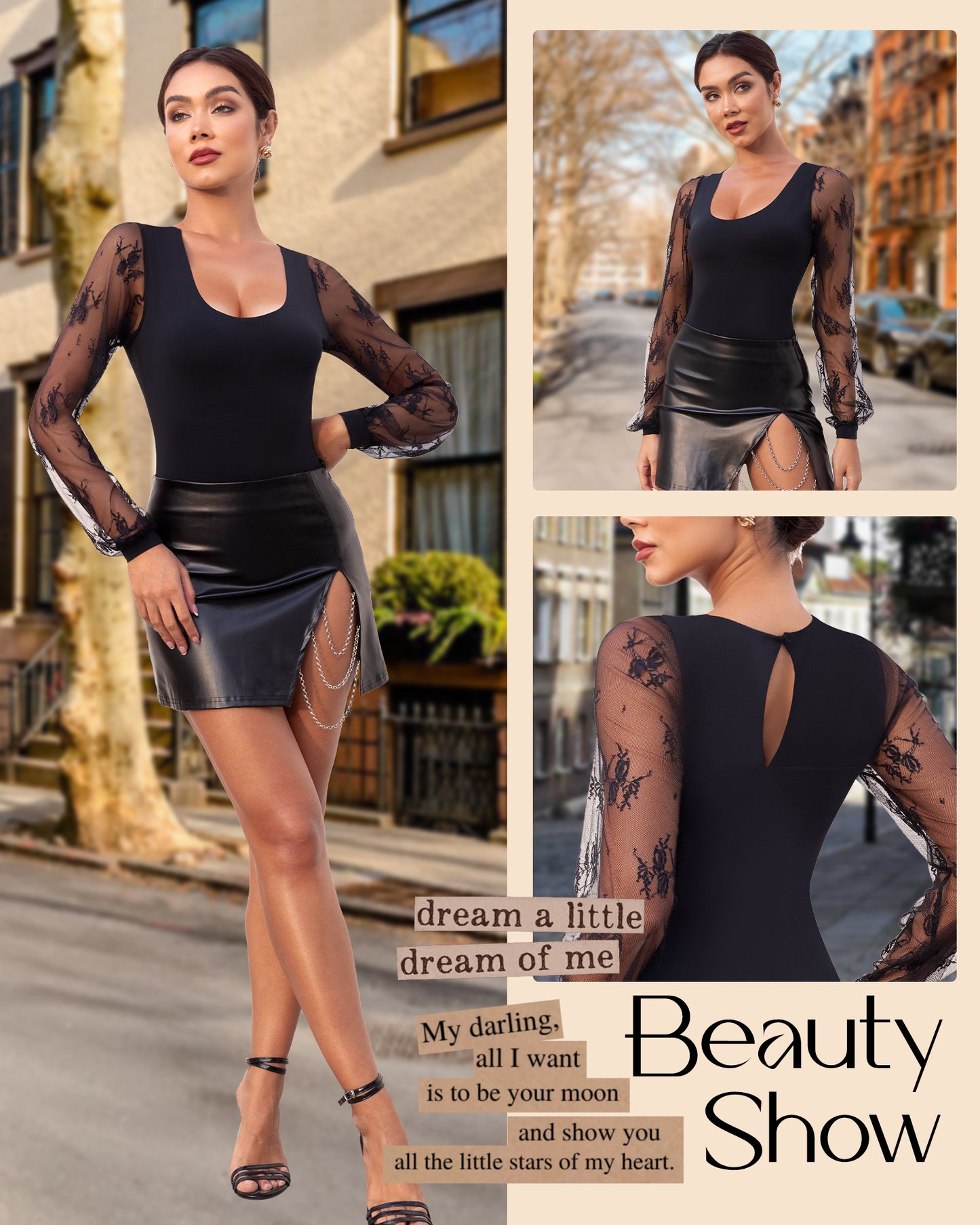 Long Sleeve Body Suits Womens Thong Double Lined Round Neck Lace Bodysuit For Women S-XL