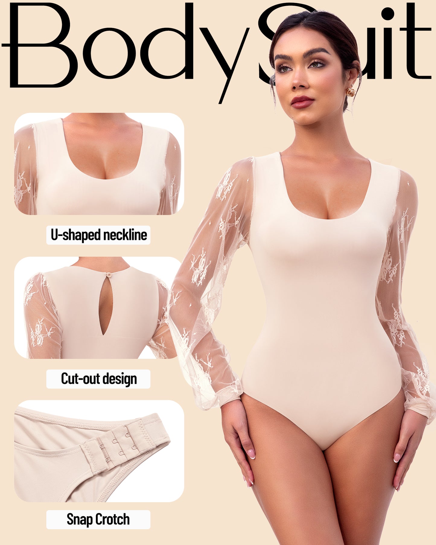 Long Sleeve Body Suits Womens Thong Double Lined Round Neck Lace Bodysuit For Women S-XL