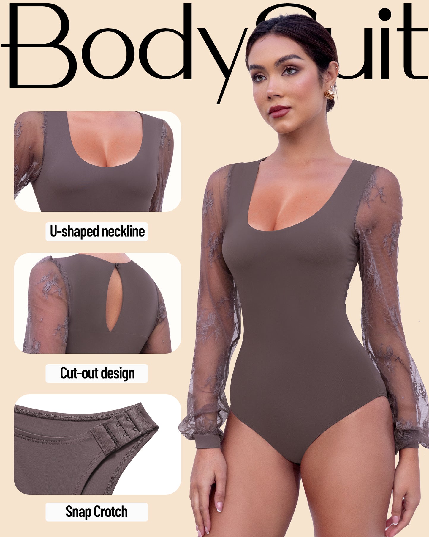 Long Sleeve Body Suits Womens Thong Double Lined Round Neck Lace Bodysuit For Women S-XL