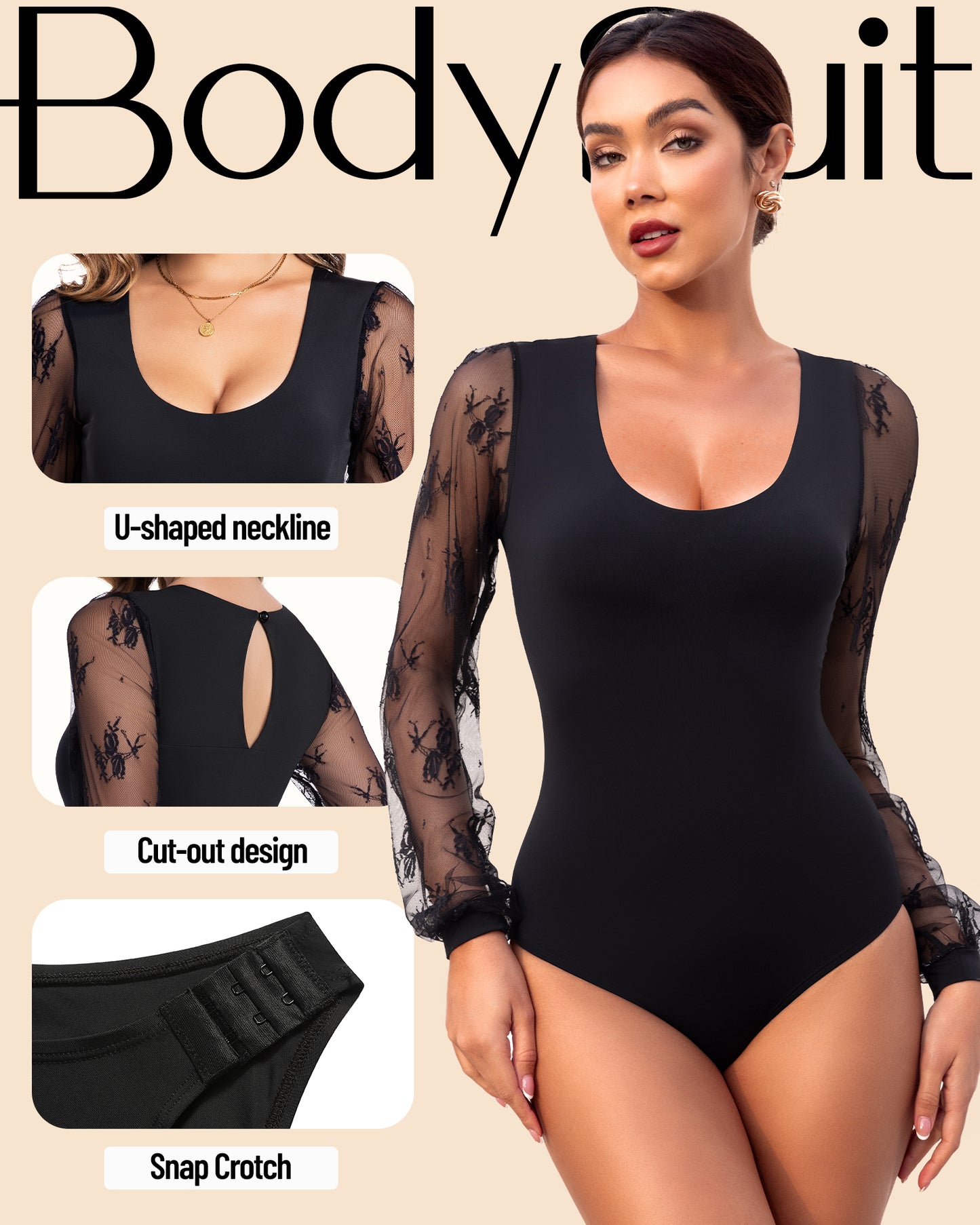 Long Sleeve Body Suits Womens Thong Double Lined Round Neck Lace Bodysuit For Women S-XL