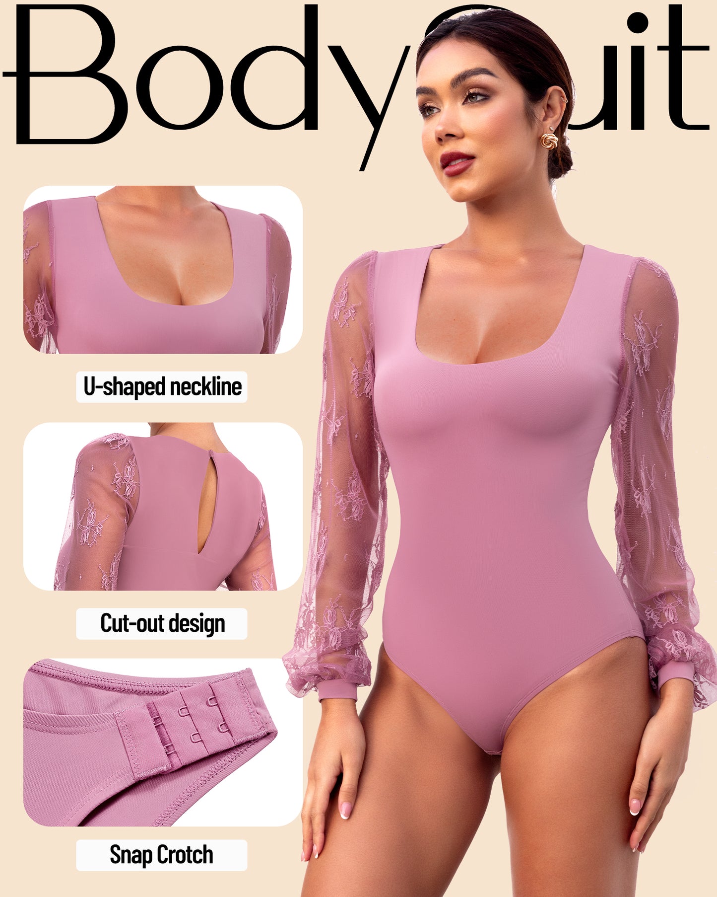Long Sleeve Body Suits Womens Thong Double Lined Round Neck Lace Bodysuit For Women S-XL