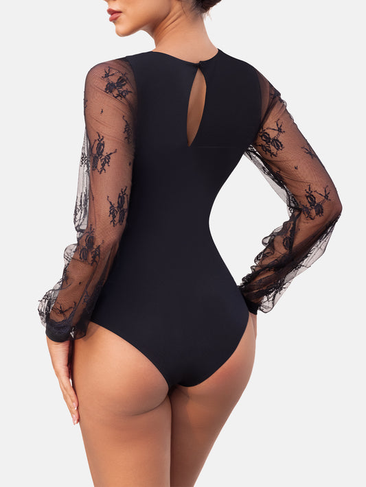 Rhyff Long Sleeve Body Suits Womens Thong Double Lined Round  S-XL