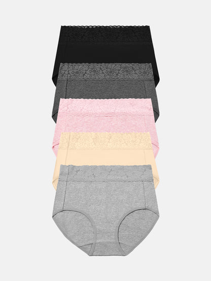 RHYFF Womens Underwear Cotton Lace PantiesFull Coverage Briefs S-3XL 5-Pack 6006