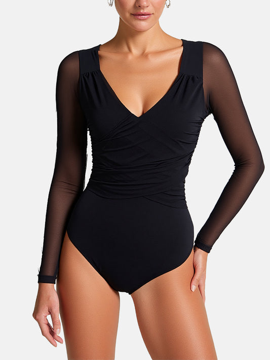 Rhyff Bodysuits for Womens Long Sleeve Sheer Mesh Ruched  S-XL