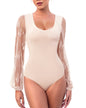 Long Sleeve Body Suits Womens Thong Double Lined Round Neck Lace Bodysuit For Women S-XL