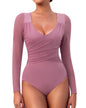 Bodysuits for Womens Long Sleeve Sheer Mesh Ruched Body Suits V Neck Going Out Tops S-XL