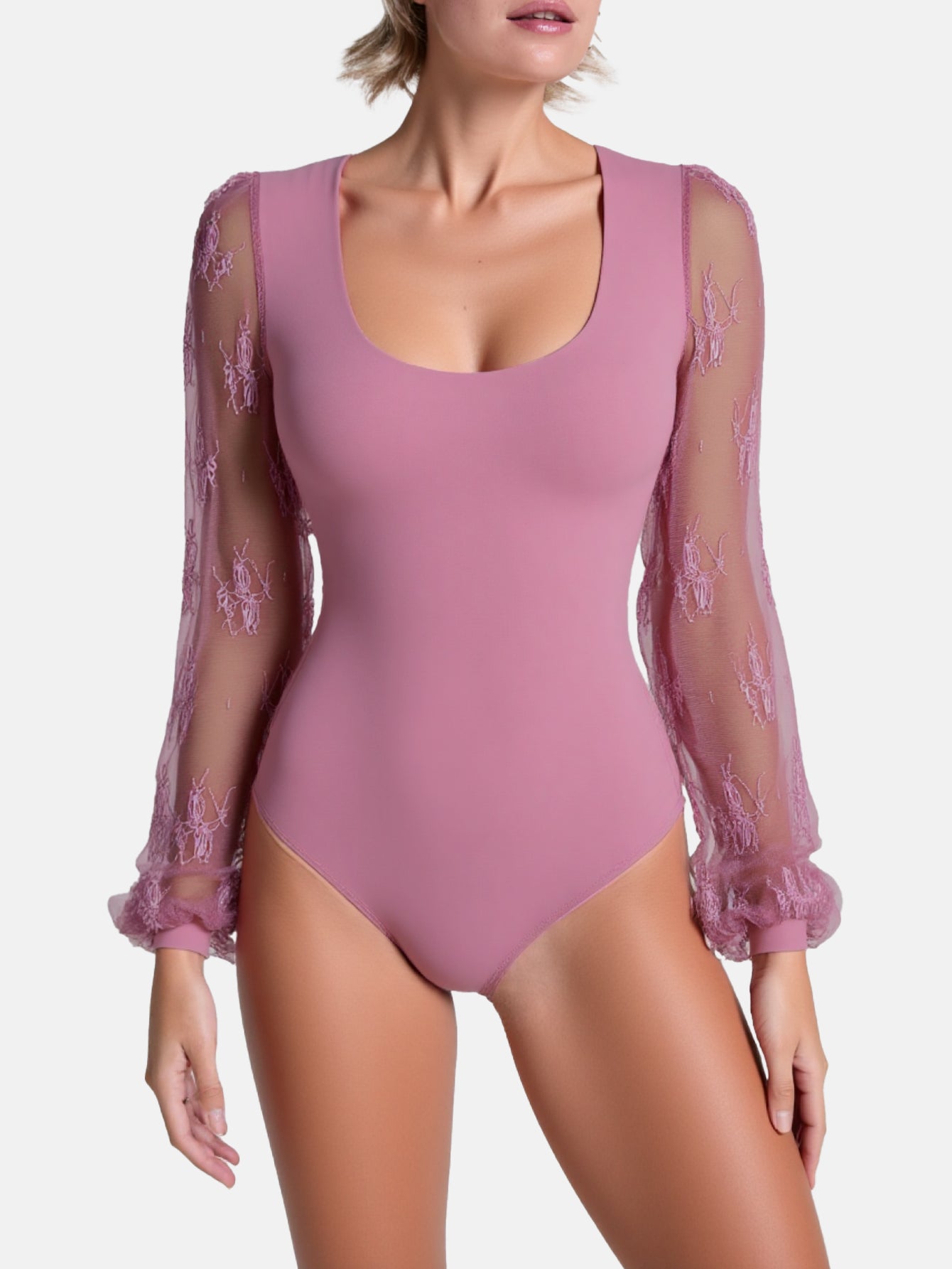 Rhyff Long Sleeve Body Suits Womens Thong Double Lined Round  S-XL