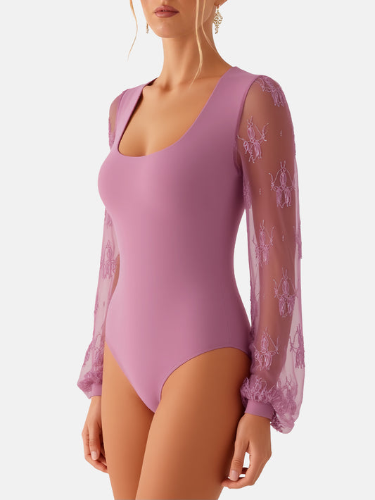 Rhyff Long Sleeve Body Suits Womens Thong Double Lined Round  S-XL