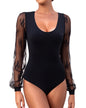 Long Sleeve Body Suits Womens Thong Double Lined Round Neck Lace Bodysuit For Women S-XL