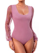 Long Sleeve Body Suits Womens Thong Double Lined Round Neck Lace Bodysuit For Women S-XL
