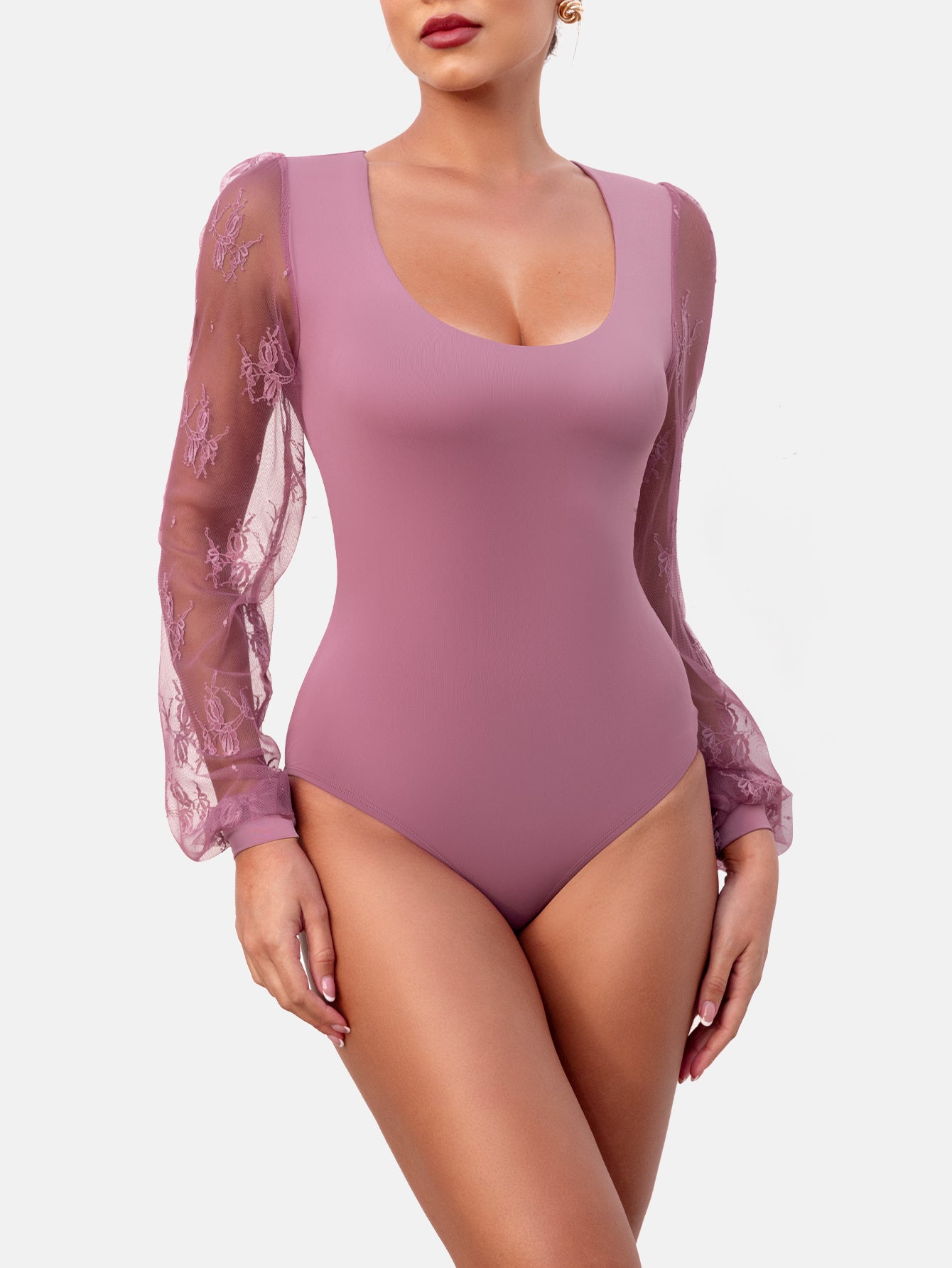 Rhyff Long Sleeve Body Suits Womens Thong Double Lined Round  S-XL