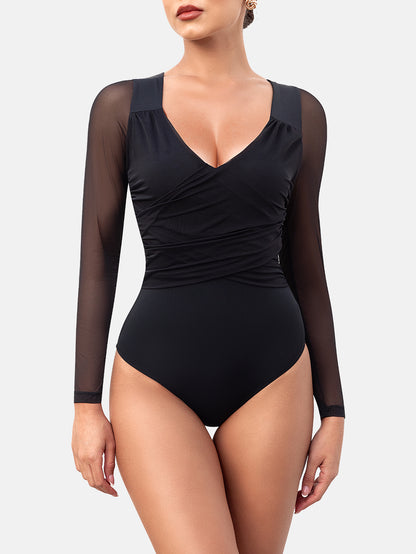 Rhyff Bodysuits for Womens Long Sleeve Sheer Mesh Ruched  S-XL