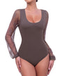 Long Sleeve Body Suits Womens Thong Double Lined Round Neck Lace Bodysuit For Women S-XL