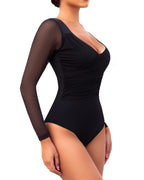Bodysuits for Womens Long Sleeve Sheer Mesh Ruched  S-XL