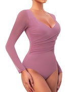 Bodysuits for Womens Long Sleeve Sheer Mesh Ruched  S-XL