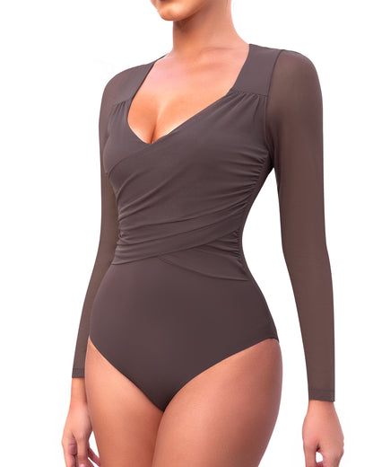 Bodysuits for Womens Long Sleeve Sheer Mesh Ruched Body Suits V Neck Going Out Tops S-XL
