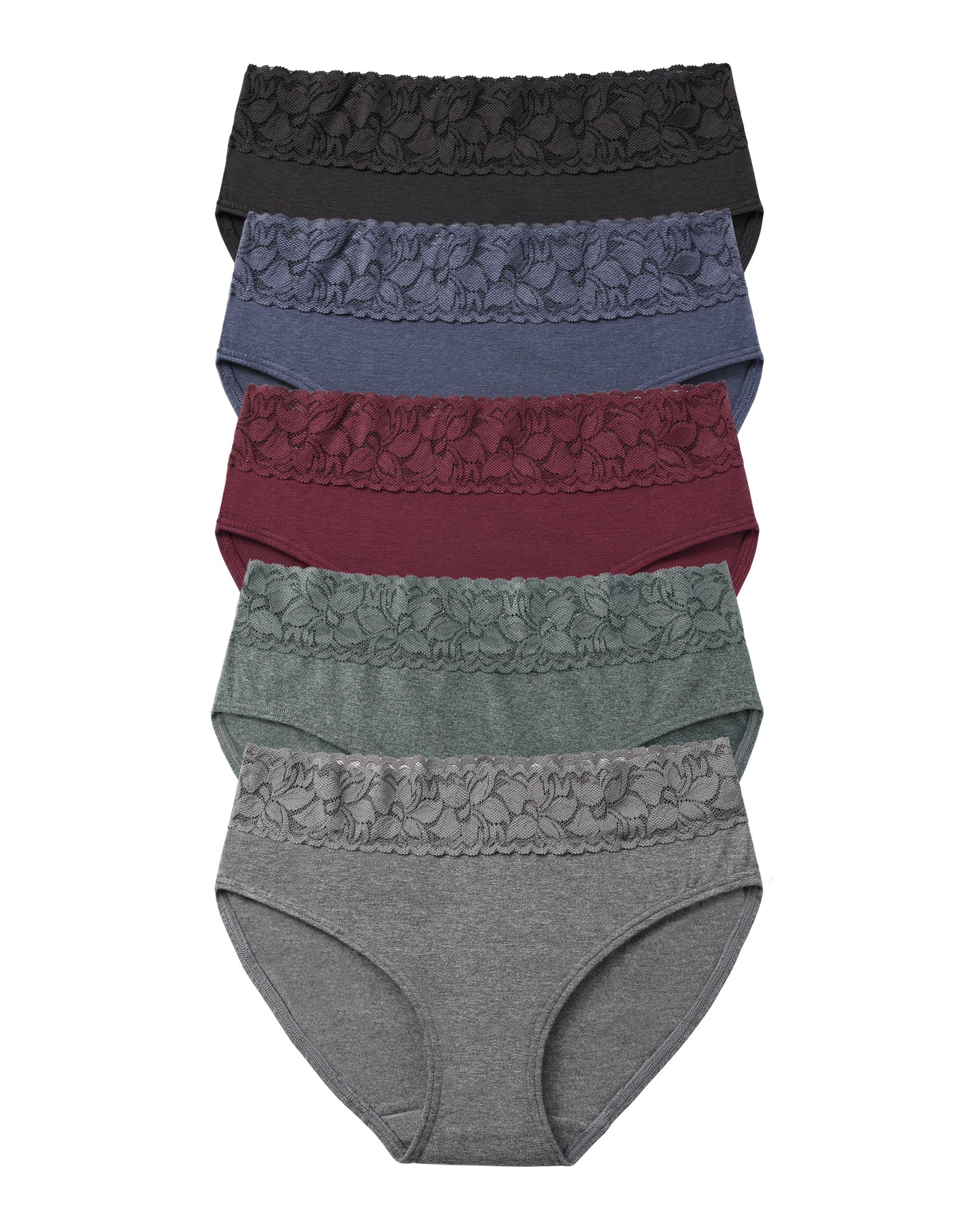 RHYFF Womens Underwear Cotton Lace Panties Soft Bikini Panty Comfortable Hipster Stretch Full Ladies Briefs 5 Pack Dark