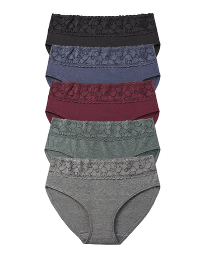 RHYFF Womens Underwear Cotton Lace Panties Soft Bikini Panty Comfortable Hipster Stretch Full Ladies Briefs 5 Pack Dark