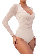Bodysuits for Womens Long Sleeve Sheer Mesh Ruched  S-XL