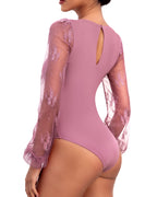 Long Sleeve Body Suits Womens Thong Double Lined Round  S-XL