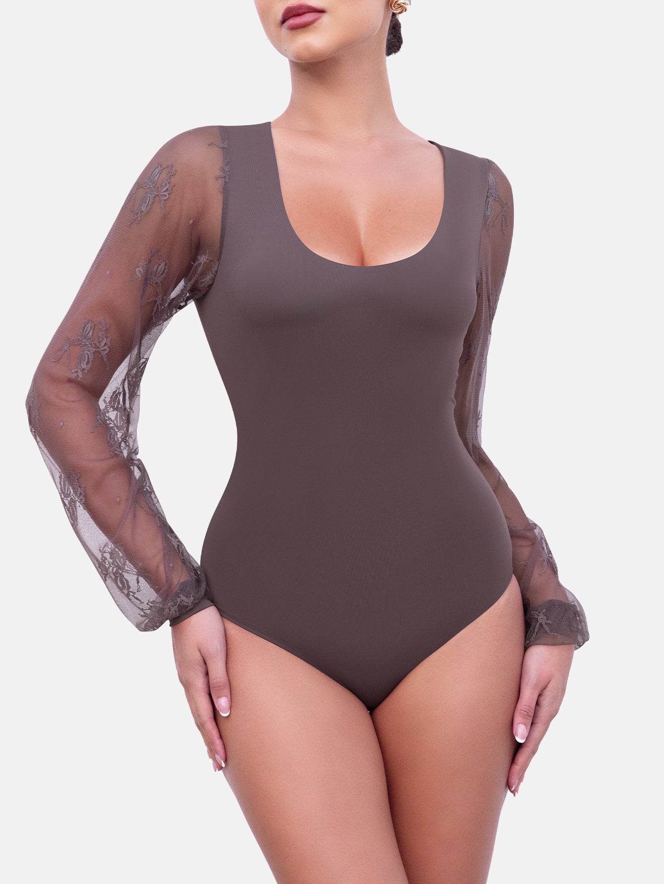 Rhyff Long Sleeve Body Suits Womens Thong Double Lined Round  S-XL