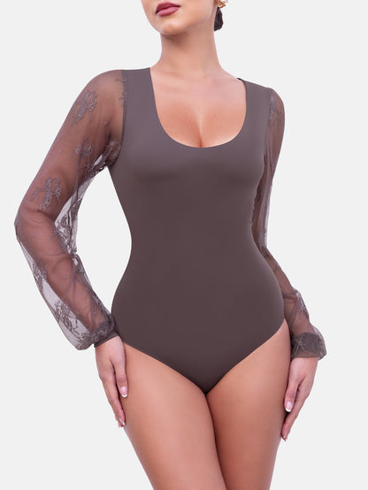 Rhyff Long Sleeve Body Suits Womens Thong Double Lined Round  S-XL
