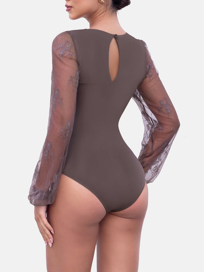 Rhyff Long Sleeve Body Suits Womens Thong Double Lined Round  S-XL