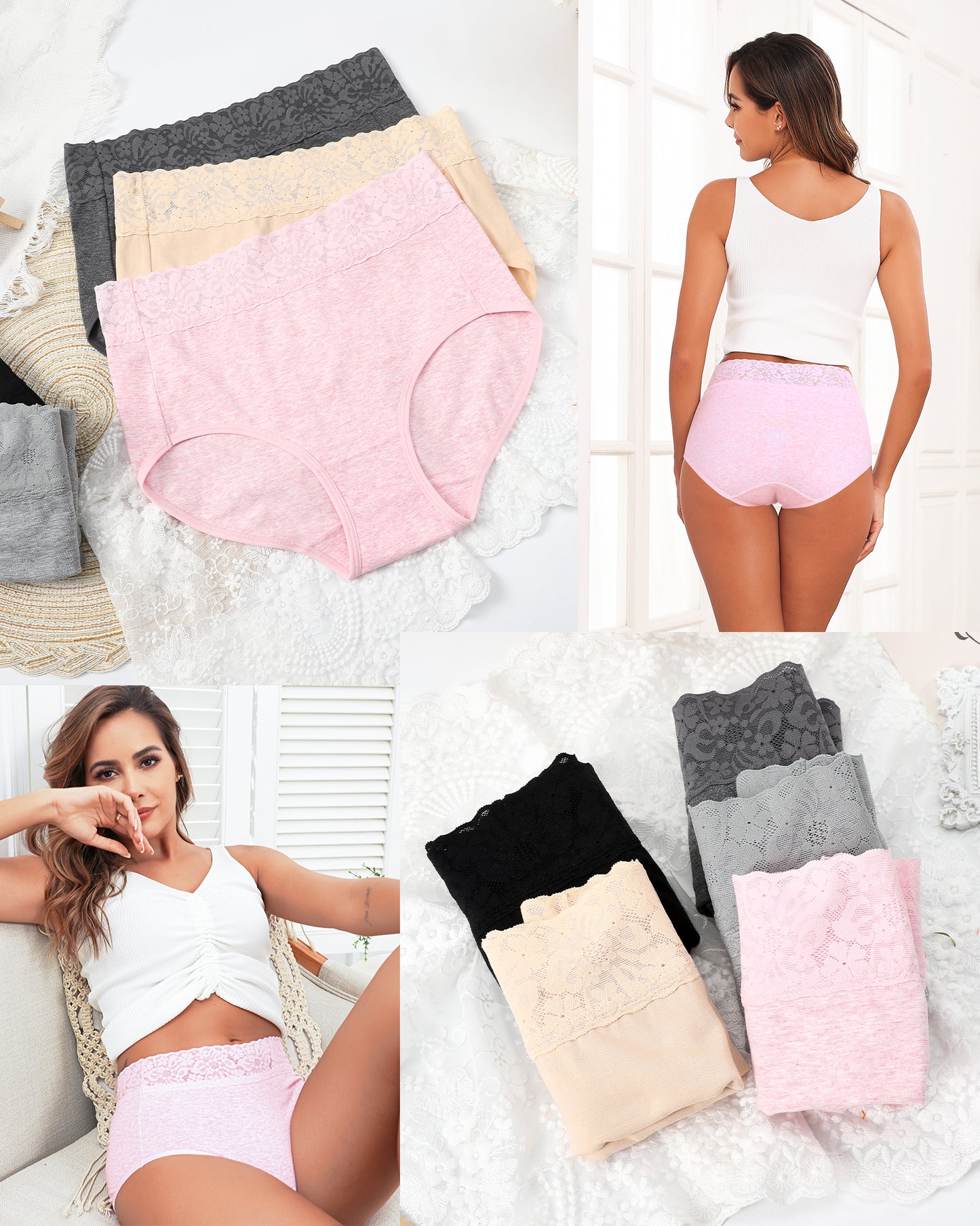 RHYFF Womens Underwear Cotton Lace Panties High Waist Panty Soft Breathable Ladies Hipster Full Coverage Briefs S-3XL
