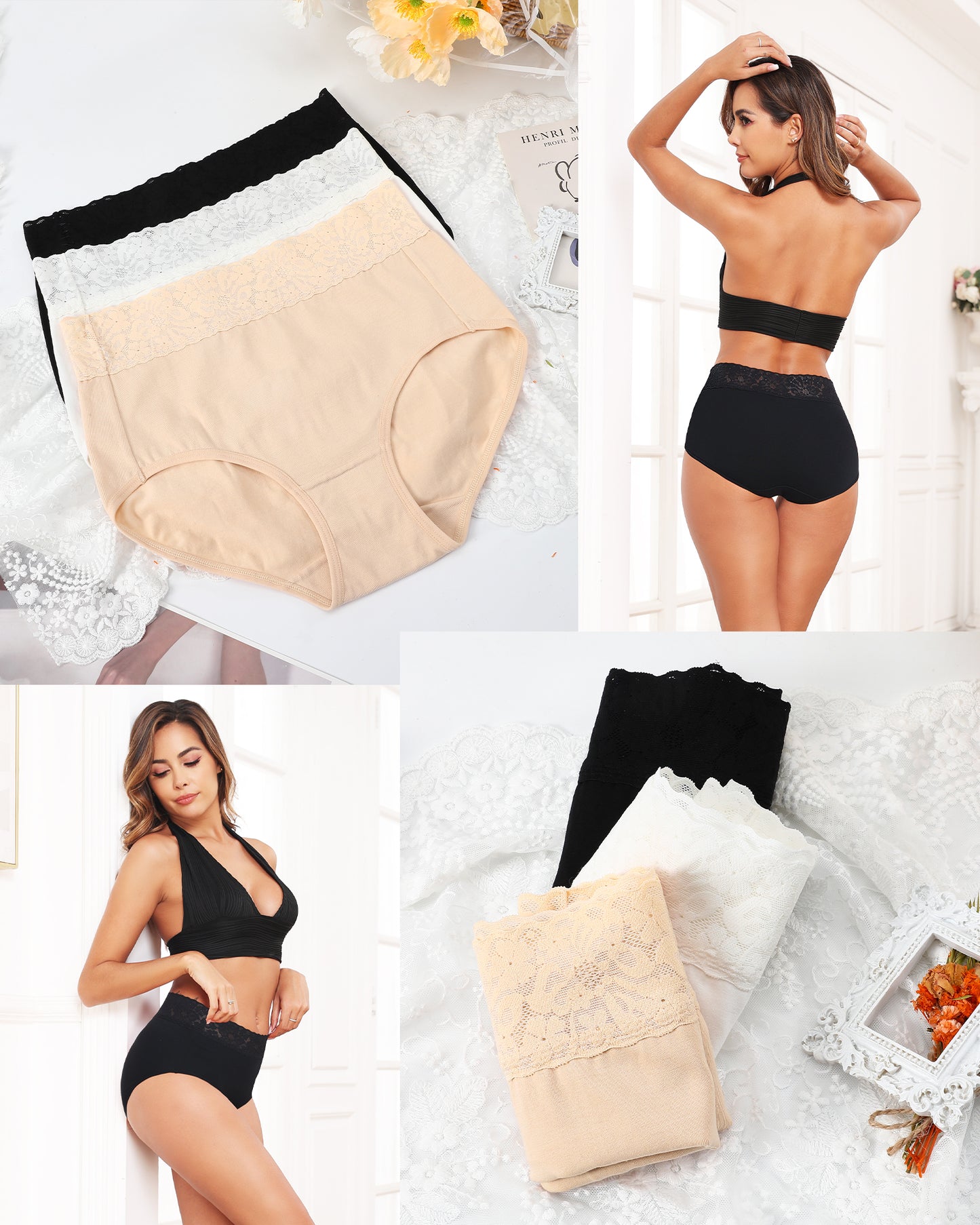 RHYFF Womens Underwear Cotton Lace Panties High Waist Panty Soft Breathable Ladies Hipster Full Coverage Briefs S-3XL