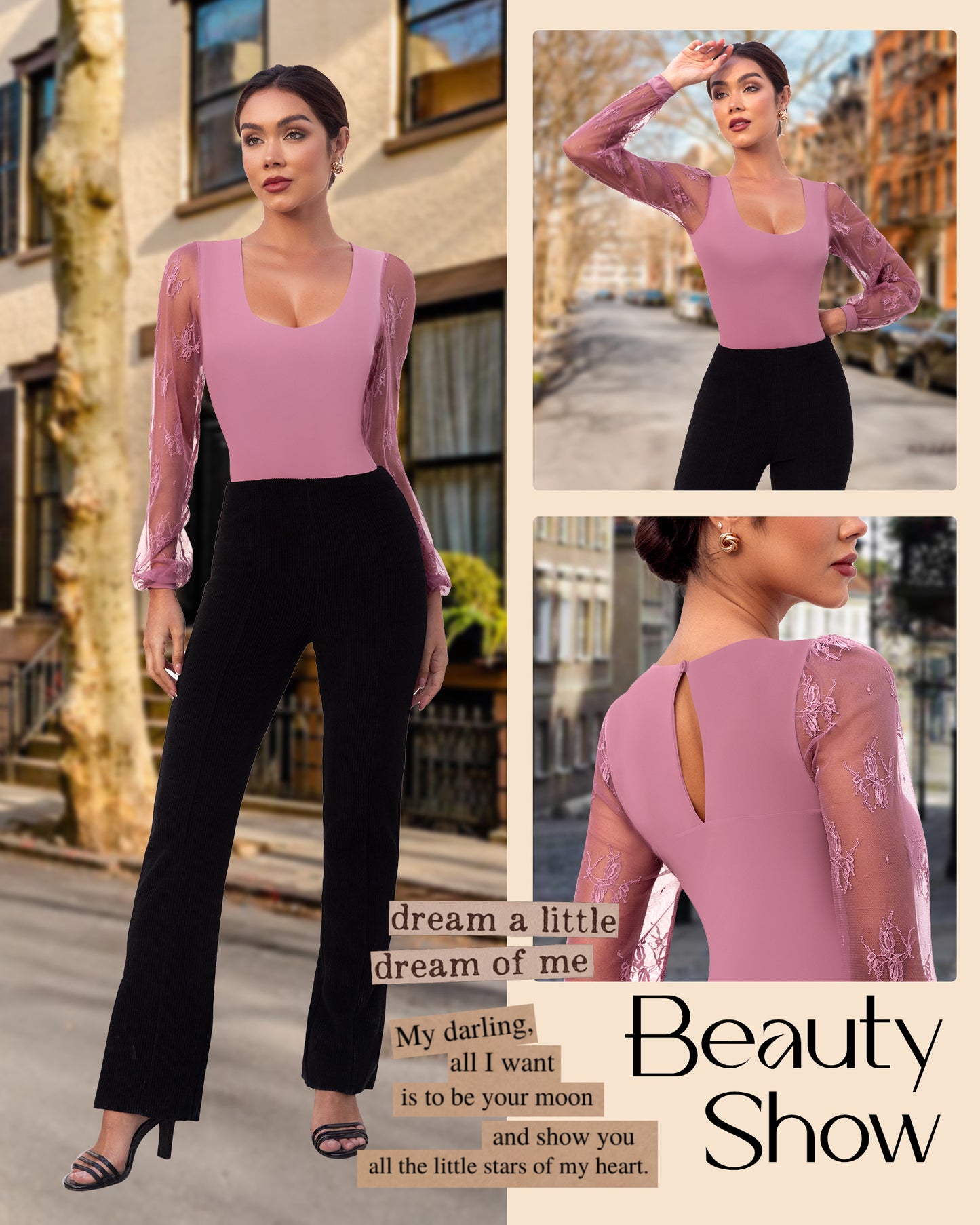 Long Sleeve Body Suits Womens Thong Double Lined Round Neck Lace Bodysuit For Women S-XL