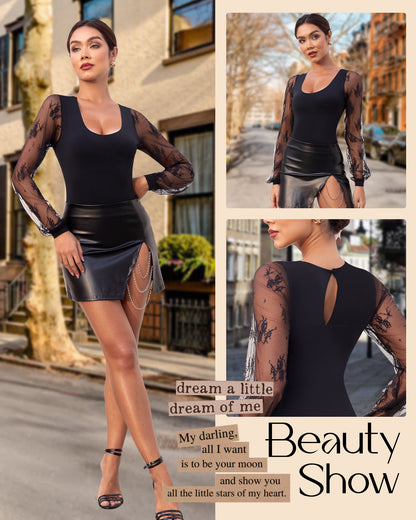 Long Sleeve Body Suits Womens Thong Double Lined Round Neck Lace Bodysuit For Women S-XL