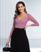 Bodysuits for Womens Long Sleeve Sheer Mesh Ruched  S-XL