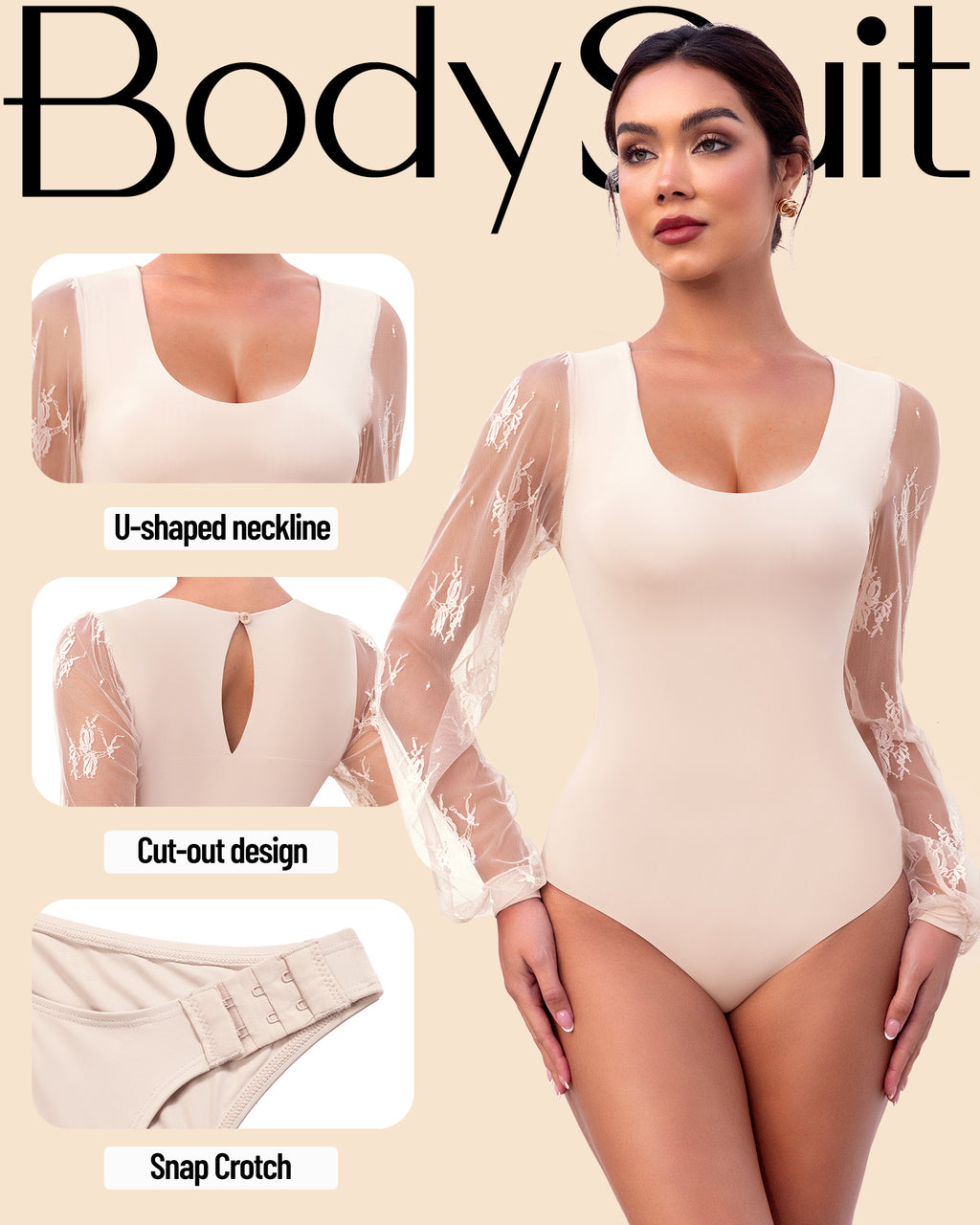 Long Sleeve Body Suits Womens Thong Double Lined Round  S-XL