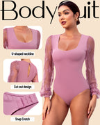 Long Sleeve Body Suits Womens Thong Double Lined Round  S-XL