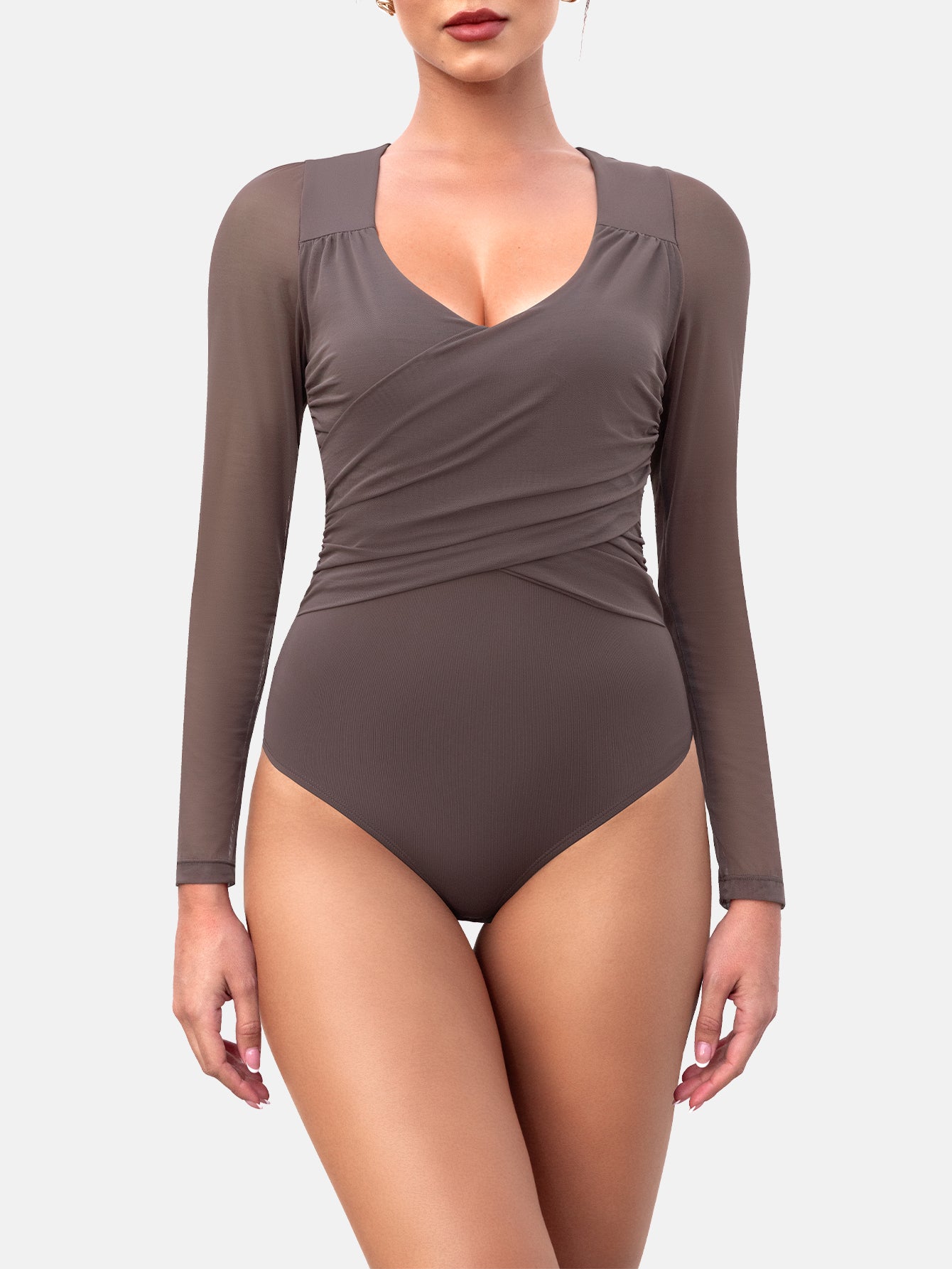 Rhyff Bodysuits for Womens Long Sleeve Sheer Mesh Ruched  S-XL