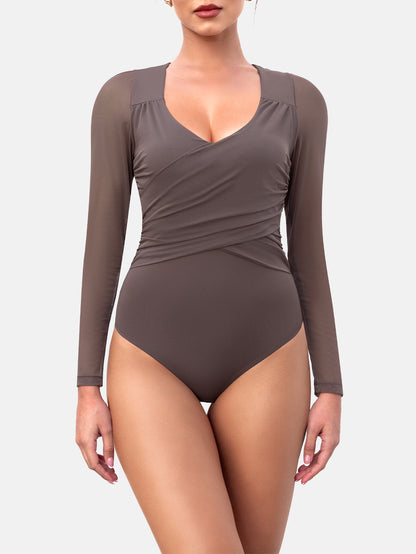Rhyff Bodysuits for Womens Long Sleeve Sheer Mesh Ruched  S-XL