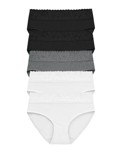 RHYFF Womens Underwear Cotton Bikini Panties Lace Soft Hipster Panty Ladies Stretch Full Briefs Blackwhite-5 Pack